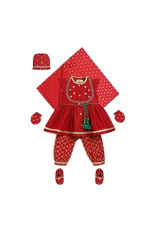 Red Cotton Silk Chanderi Embroidered Angrakha Kurta Set For Girls by Tiber Taber
