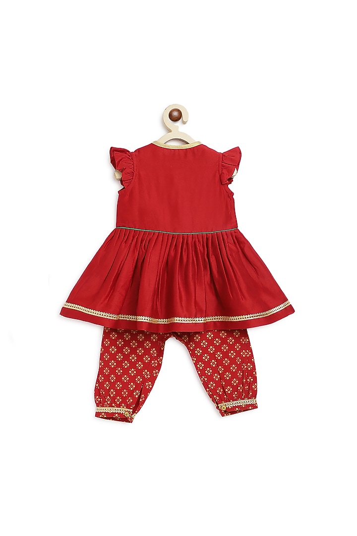 Red Cotton Silk Chanderi Embroidered Angrakha Kurta Set For Girls by Tiber Taber at Pernia's Pop Up Shop