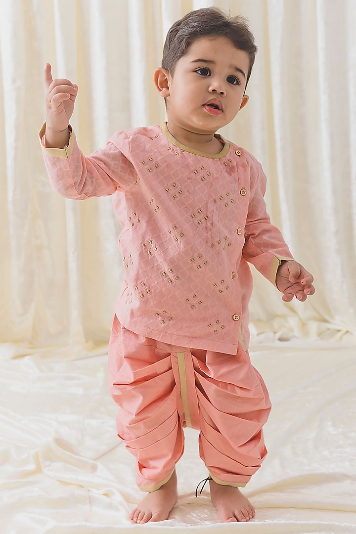 Peach Soft Cotton Zari Embroidered Kurta Set For Boys by Tiber Taber at Pernia's Pop Up Shop