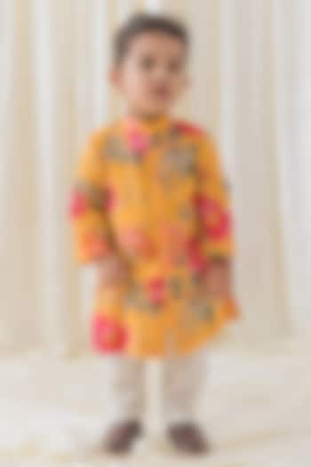 Yellow Soft Cotton Floral Printed Kurta Set For Boys by Tiber Taber at Pernia's Pop Up Shop