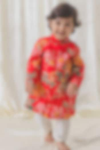 Red Soft Cotton Floral Printed Kurta Set For Boys by Tiber Taber at Pernia's Pop Up Shop