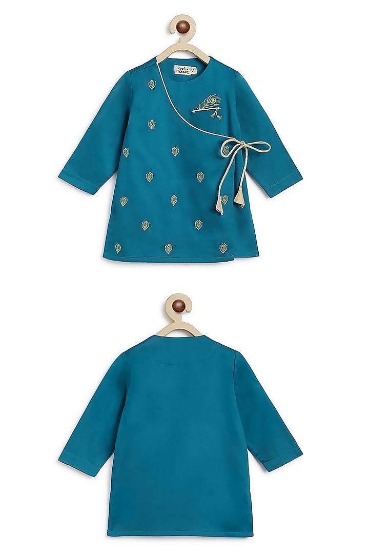 Blue Soft Cotton Flute Embroidered Kurta Set For Boys by Tiber Taber at Pernia's Pop Up Shop