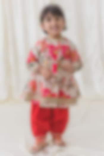 Cream Soft Cotton Floral Printed Angrakha Kurta Set For Girls by Tiber Taber at Pernia's Pop Up Shop