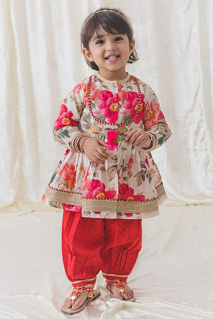 Cream Soft Cotton Floral Printed Angrakha Kurta Set For Girls by Tiber Taber at Pernia's Pop Up Shop