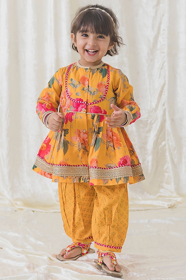 Yellow Soft Cotton Floral Printed Angrakha Kurta Set For Girls by Tiber Taber at Pernia's Pop Up Shop