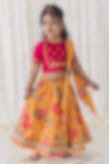 Yellow Soft Cotton Floral Printed Lehenga Set For Girls by Tiber Taber at Pernia's Pop Up Shop