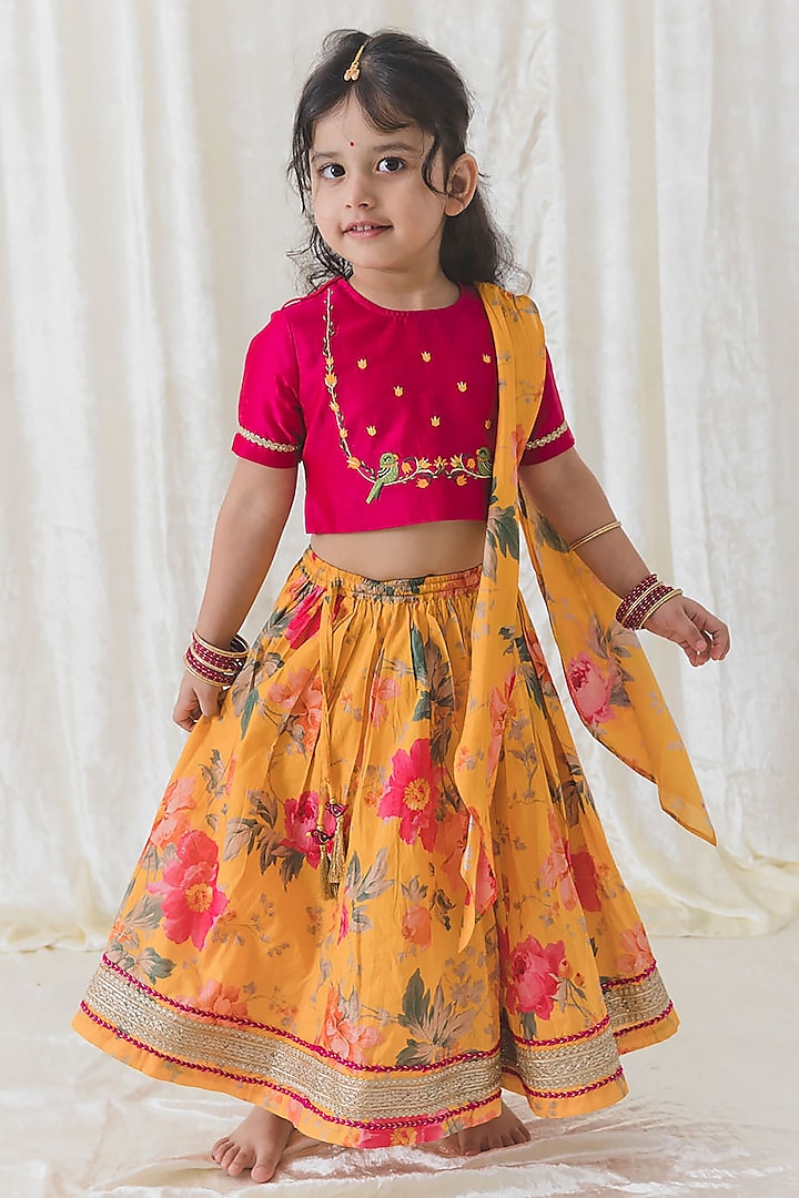 Yellow Soft Cotton Floral Printed Lehenga Set For Girls by Tiber Taber at Pernia's Pop Up Shop