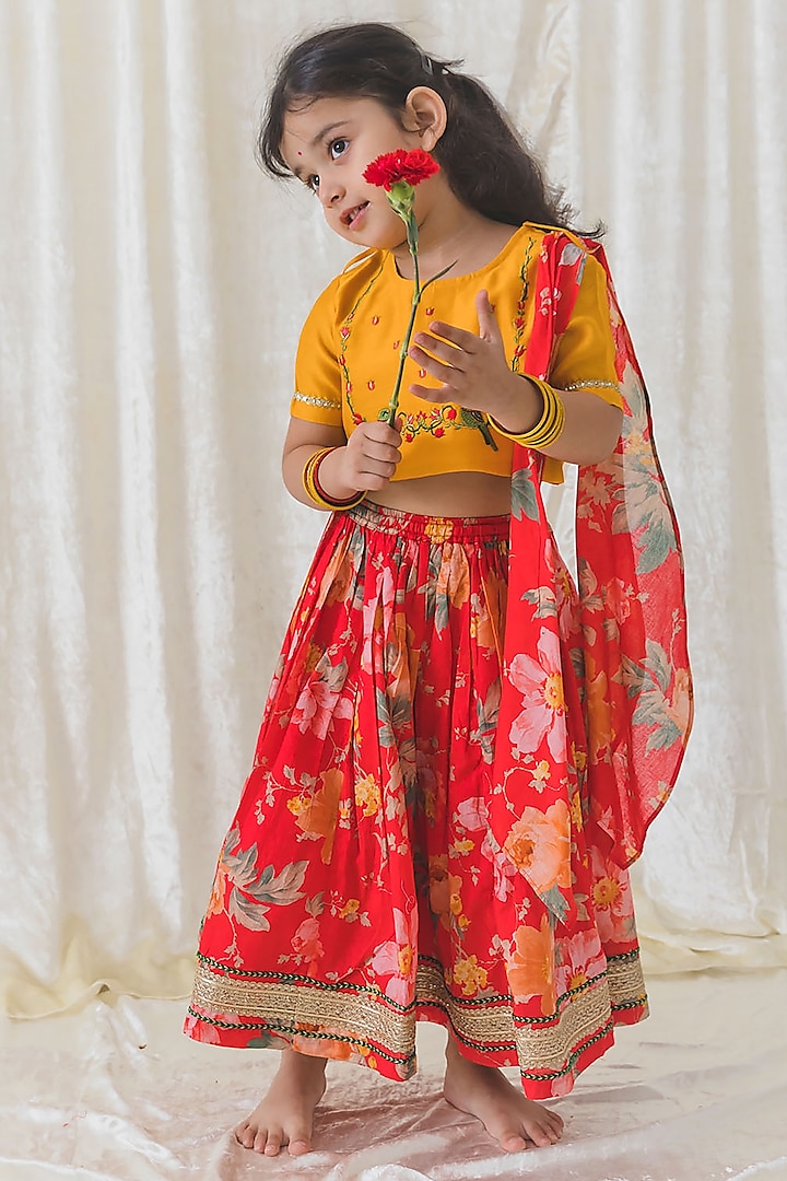 Red Soft Cotton Floral Printed Lehenga Set For Girls by Tiber Taber at Pernia's Pop Up Shop