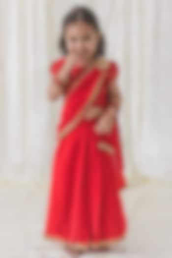 Red Natural Viscose Crepe Pre-Stitched Skirt Saree Set For Girls by Tiber Taber at Pernia's Pop Up Shop
