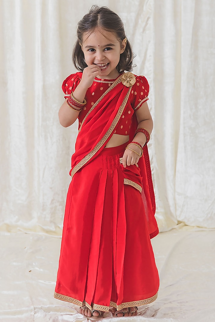 Red Natural Viscose Crepe Pre-Stitched Skirt Saree Set For Girls by Tiber Taber at Pernia's Pop Up Shop