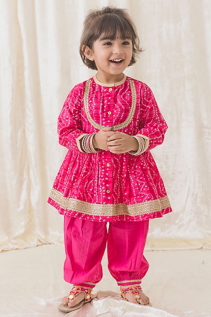 Pink Soft Cotton Lace Embellished Bandhani Angrakha Kurta Set For Girls by Tiber Taber