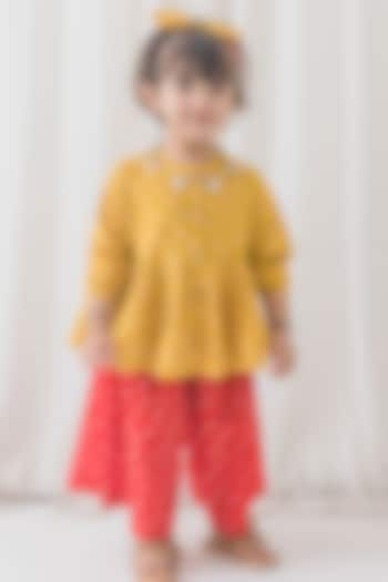 Yellow & Red Cotton Bandhani Printed Co-Ord Set For Girls by Tiber Taber