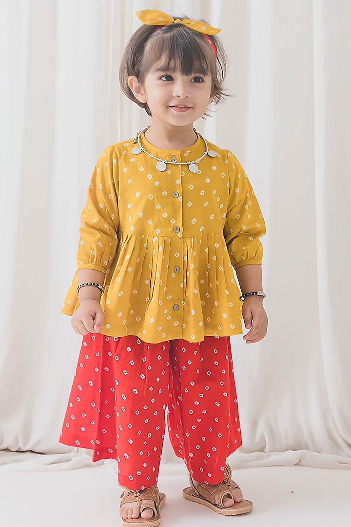 Yellow & Red Cotton Bandhani Printed Co-Ord Set For Girls by Tiber Taber