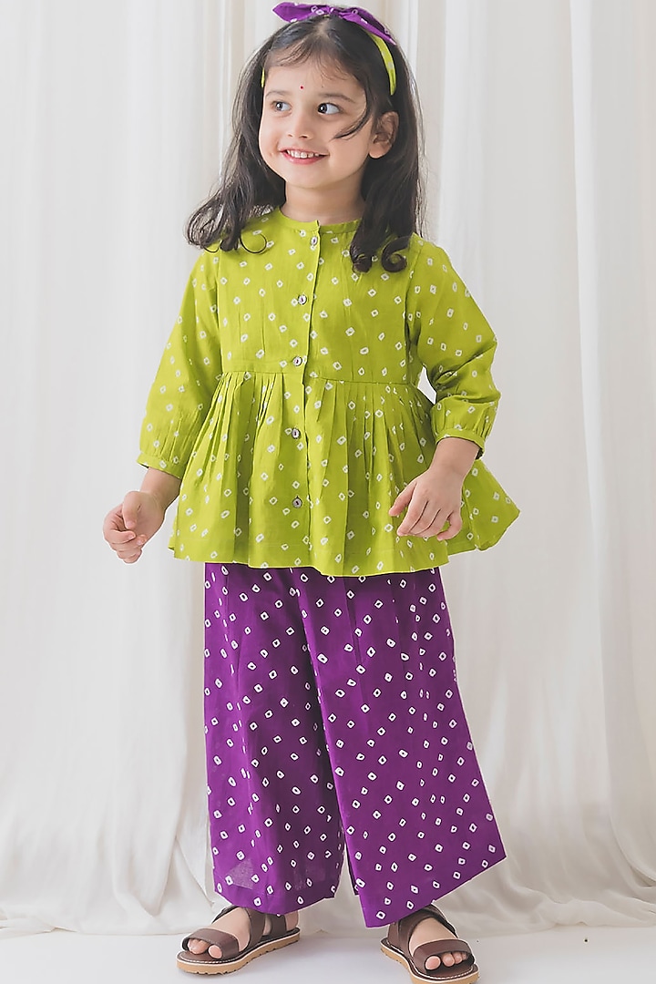 Green & Purple Cotton Bandhani Printed Co-Ord Set For Girls by Tiber Taber