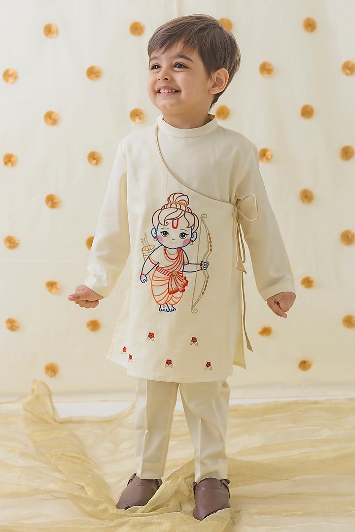 Cream Cotton Embroidered Kurta Set For Boys by Tiber Taber