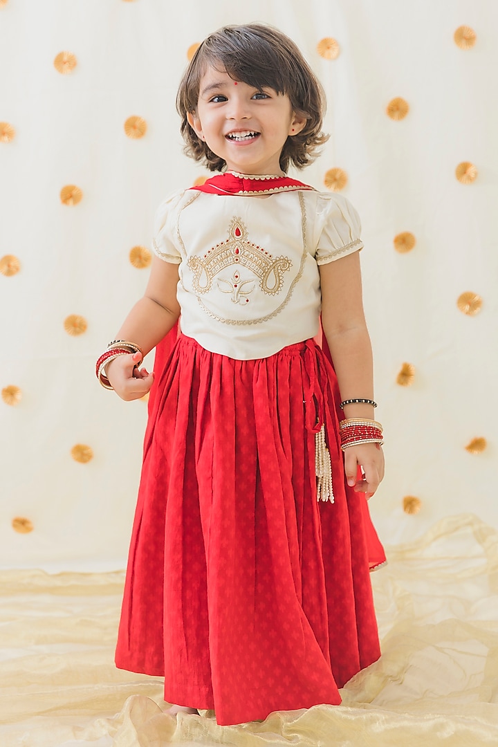 Red Cotton Lehenga Set For Girls by Tiber Taber