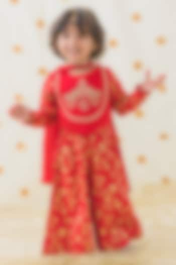 Red Cotton Satin Embroidered & Floral Printed Co-ord Set For Girls by Tiber Taber