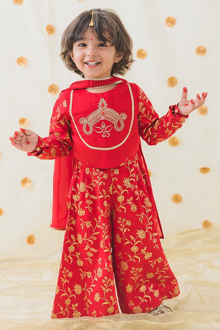 Red Cotton Satin Embroidered & Floral Printed Co-ord Set For Girls by Tiber Taber