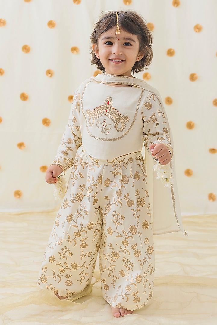 Cream Cotton Satin Embroidered & Floral Printed Co-ord Set For Girls by Tiber Taber at Pernia's Pop Up Shop