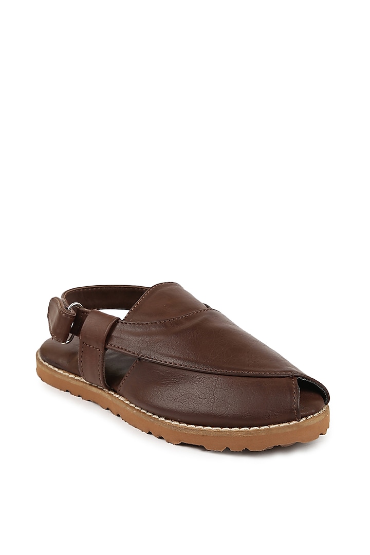 Brown Faux Leather Peshawari Shoes For Boys by Tiber Taber - Footwear