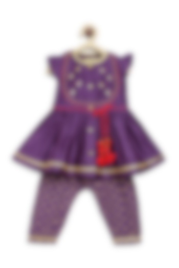 Purple Chanderi Silk Embroidered Angrakha Kurta Set For Girls by Tiber Taber at Pernia's Pop Up Shop