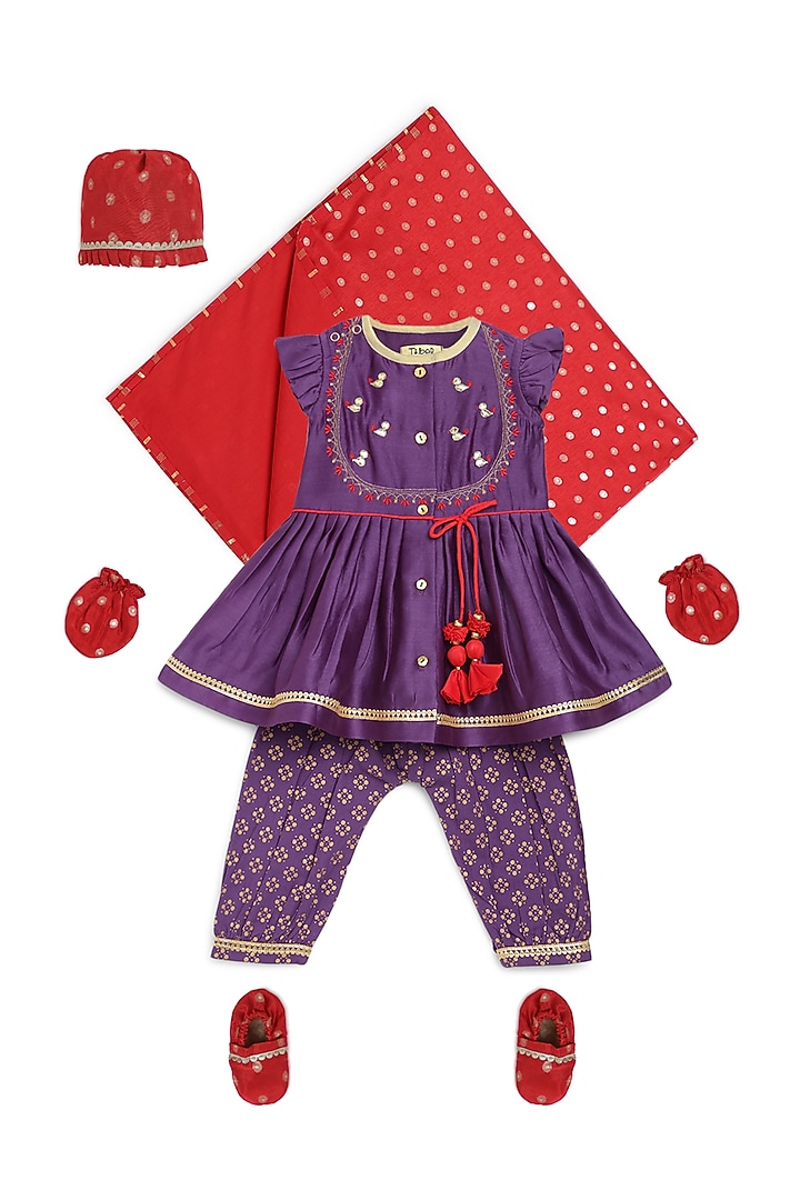 Purple Cotton Silk Chanderi Embroidered Angrakha Kurta Set For Girls by Tiber Taber at Pernia's Pop Up Shop