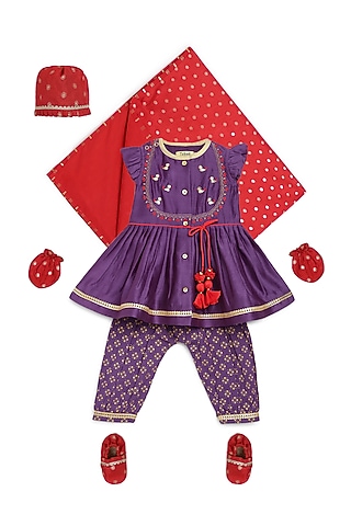Purple Cotton Silk Chanderi Embroidered Angrakha Kurta Set For Girls by Tiber Taber