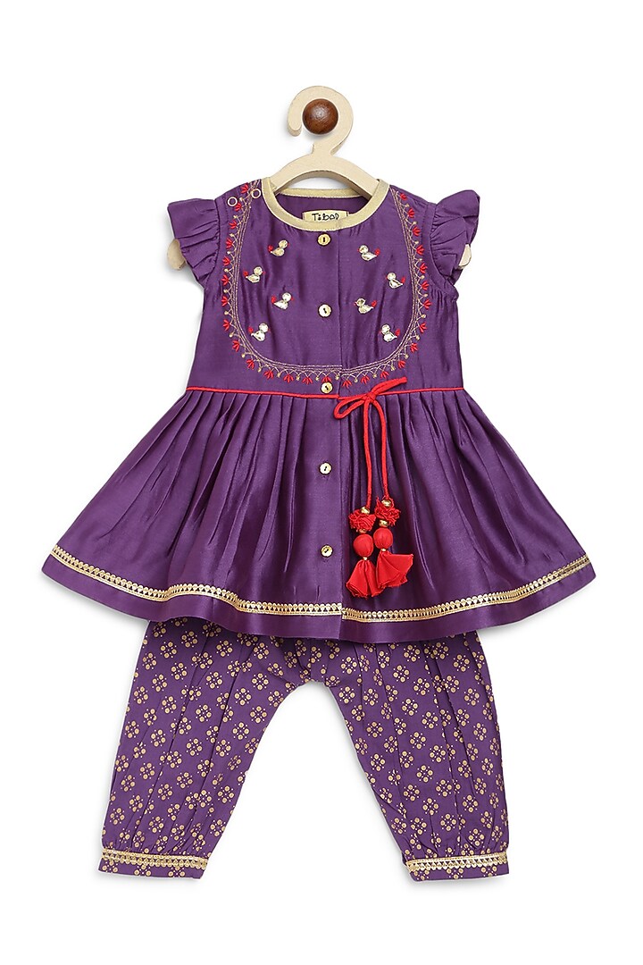 Purple Cotton Silk Chanderi Embroidered Angrakha Kurta Set For Girls by Tiber Taber at Pernia's Pop Up Shop