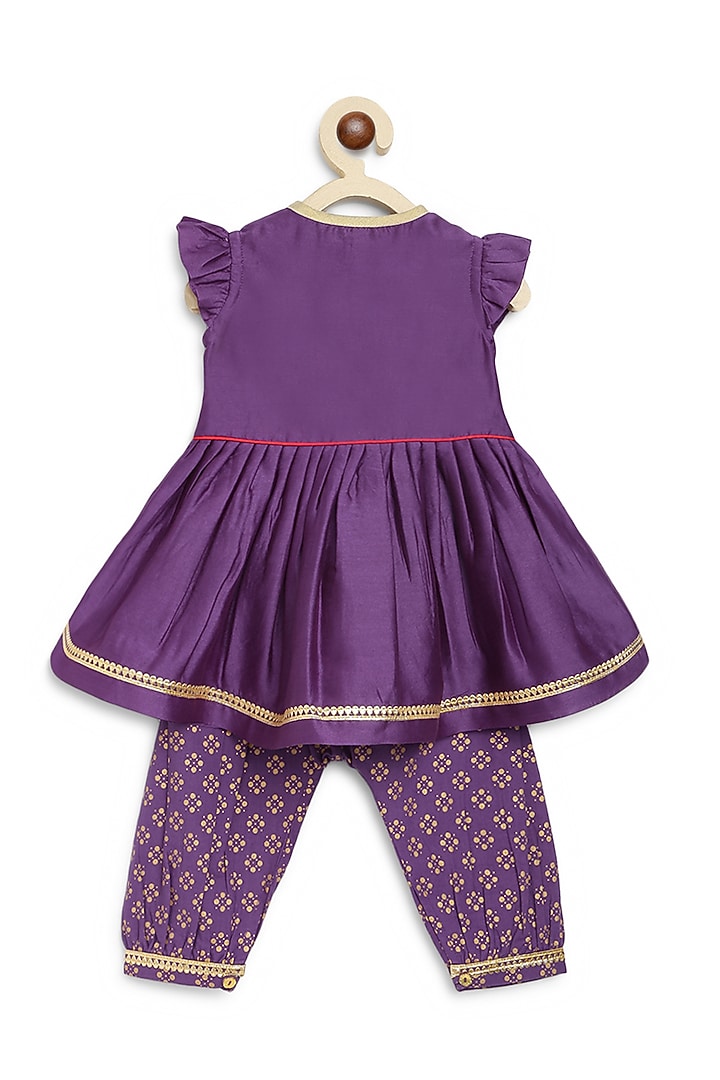 Purple Cotton Silk Chanderi Embroidered Angrakha Kurta Set For Girls by Tiber Taber at Pernia's Pop Up Shop