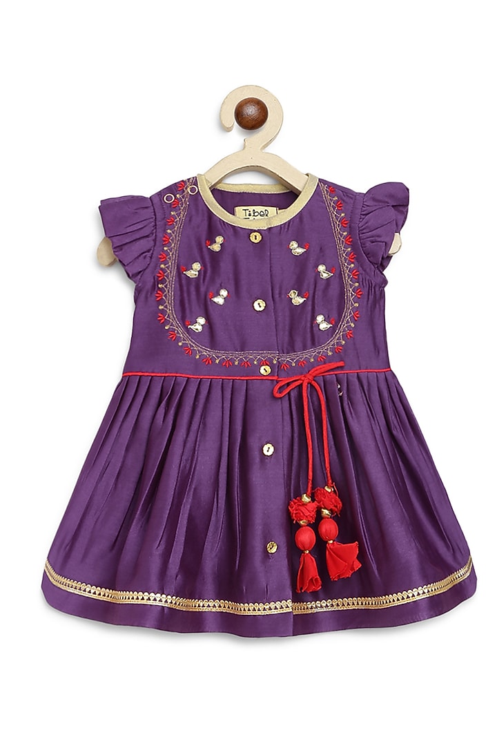 Purple Cotton Silk Chanderi Embroidered Angrakha Kurta Set For Girls by Tiber Taber at Pernia's Pop Up Shop
