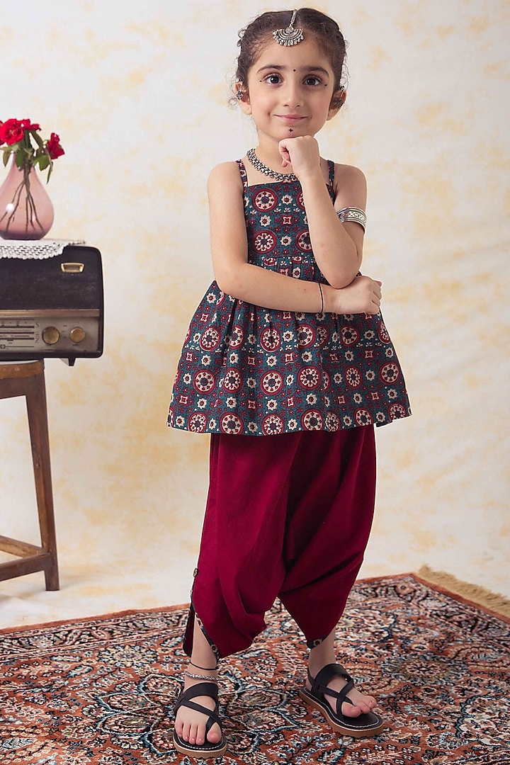 Red Cotton Poplin Dhoti Set For Girls by Tiber Taber at Pernia's Pop Up Shop