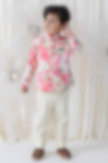 Cream Cotton Floral Printed Bandhgala Set For Boys by Tiber Taber