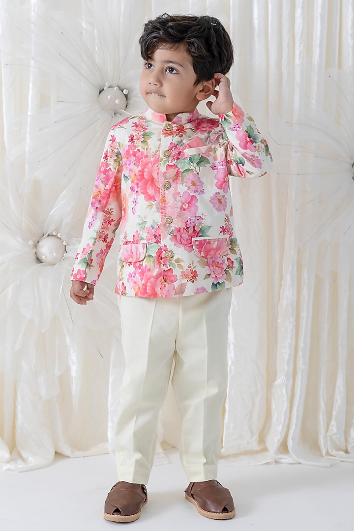 Cream Cotton Floral Printed Bandhgala Set For Boys by Tiber Taber