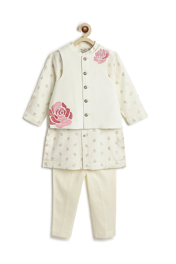 Cream Viscose Floral Embroidered Bundi Jacket For Boys by Tiber Taber at Pernia's Pop Up Shop