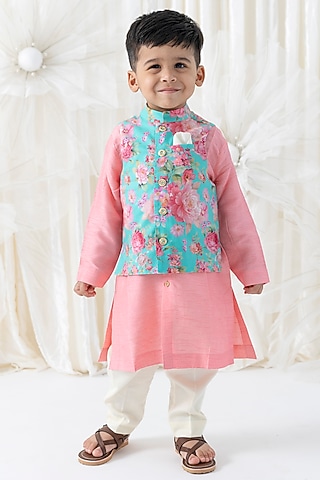 Pink Viscose Floral Printed Bundi Jacket For Boys by Tiber Taber