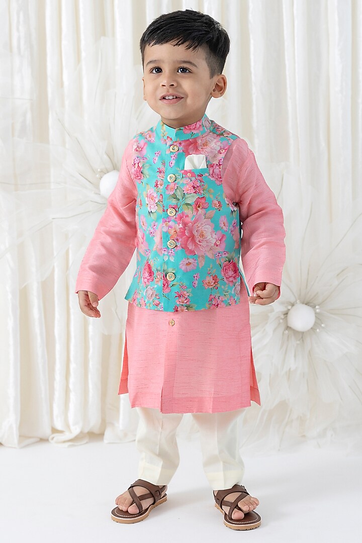 Pink Viscose Floral Printed Bundi Jacket For Boys by Tiber Taber at Pernia's Pop Up Shop