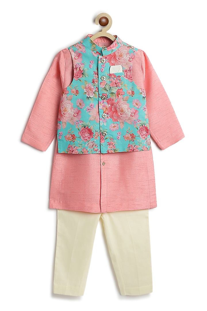 Pink Viscose Floral Printed Bundi Jacket For Boys by Tiber Taber at Pernia's Pop Up Shop