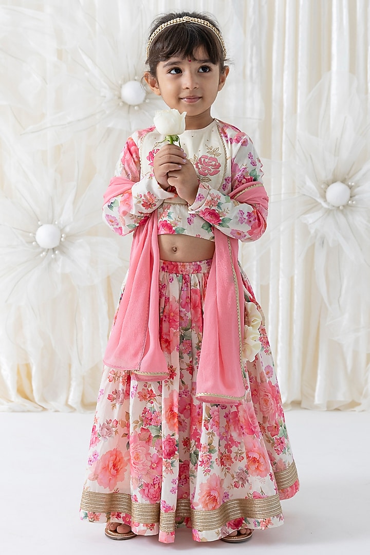 Cream Cotton Floral Printed Lehenga Set For Girls by Tiber Taber at Pernia's Pop Up Shop