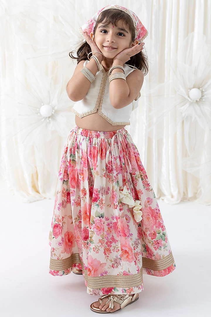 Cream Cotton Floral Printed Lehenga Set For Girls by Tiber Taber at Pernia's Pop Up Shop