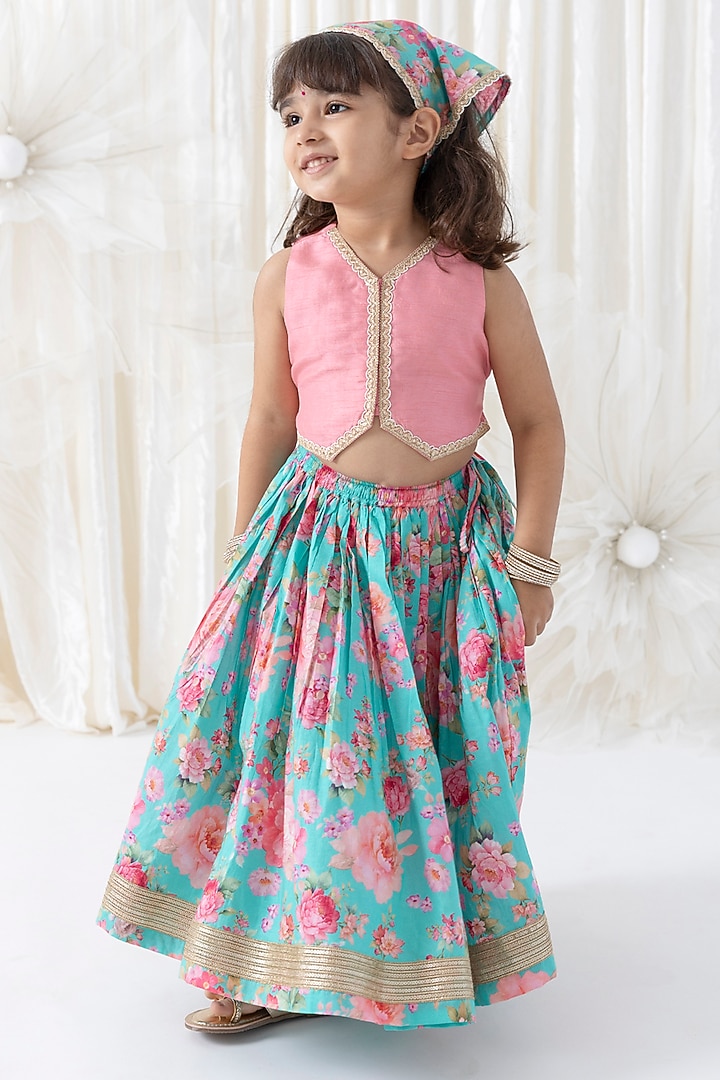 Pink Cotton Floral Printed Lehenga Set For Girls by Tiber Taber at Pernia's Pop Up Shop