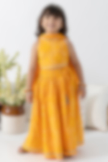 Yellow Cotton Bandhani Printed Lehenga Set For Girls by Tiber Taber at Pernia's Pop Up Shop