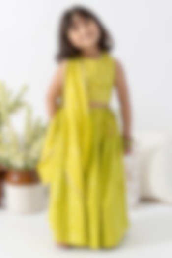 Green Cotton Lurex Embroidered Lehenga Set For Girls by Tiber Taber at Pernia's Pop Up Shop
