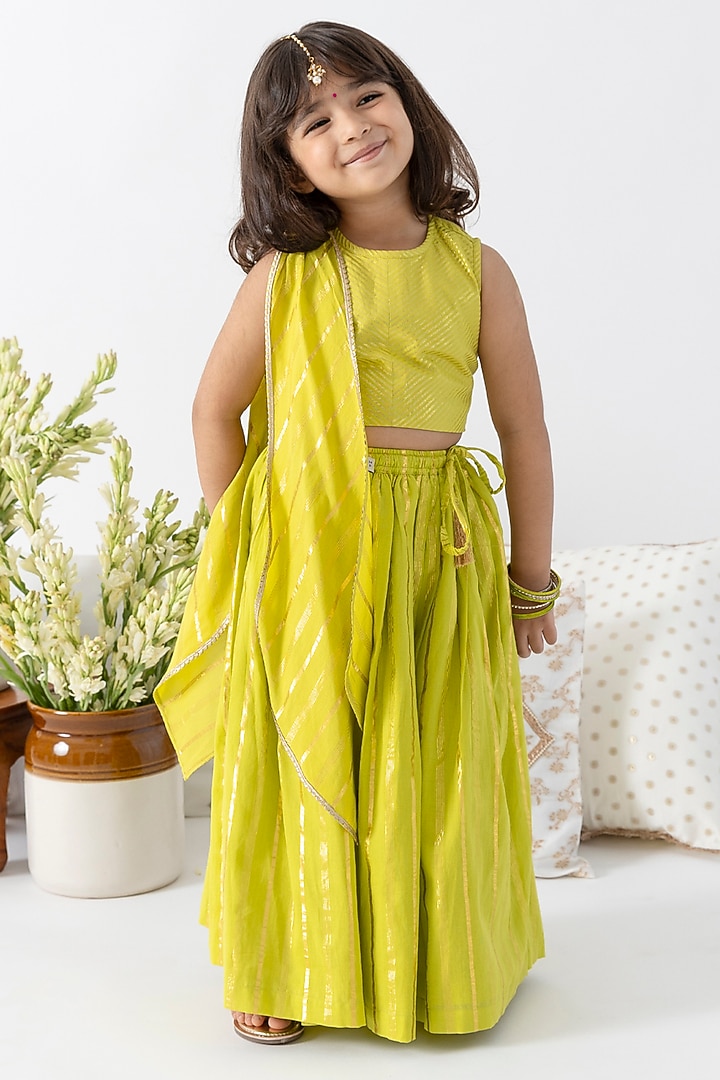 Green Cotton Lurex Embroidered Lehenga Set For Girls by Tiber Taber at Pernia's Pop Up Shop