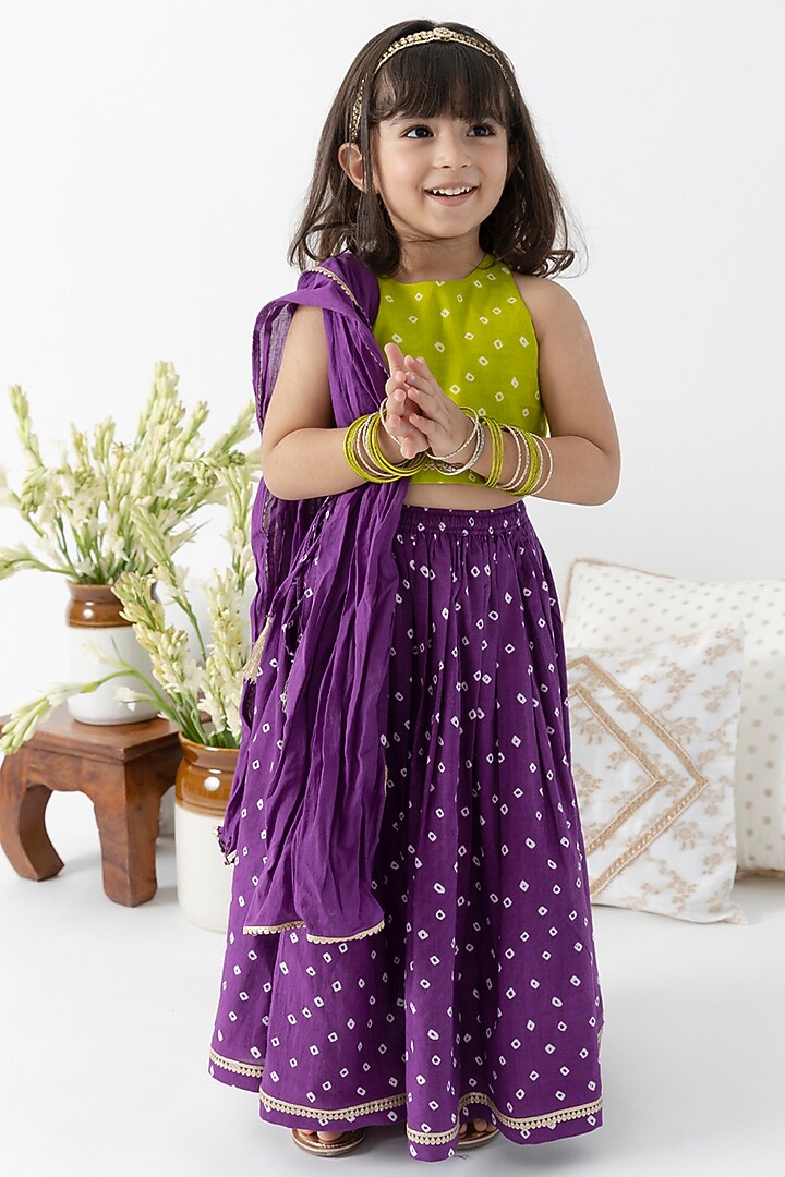 Purple Cotton Bandhani Printed Lehenga Set For Girls by Tiber Taber at Pernia's Pop Up Shop