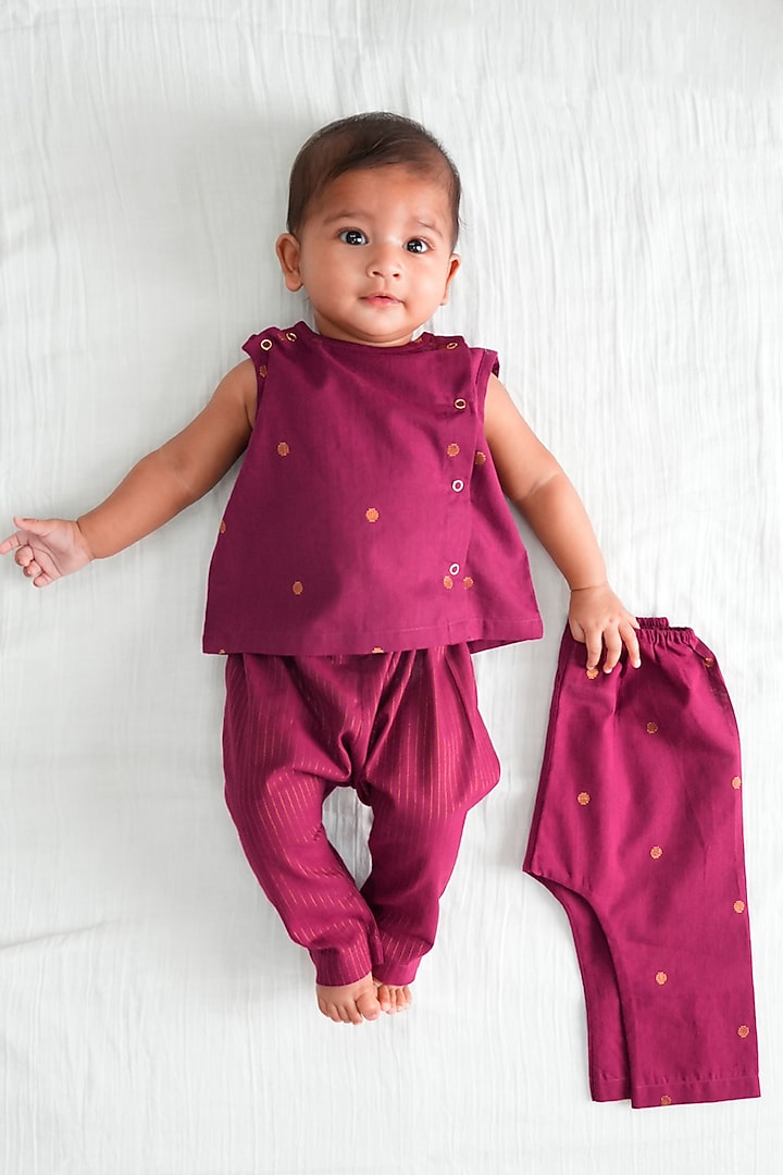 Purple Cotton Polka Dot Printed Jhabla Set For Kids by Tiber Taber at Pernia's Pop Up Shop