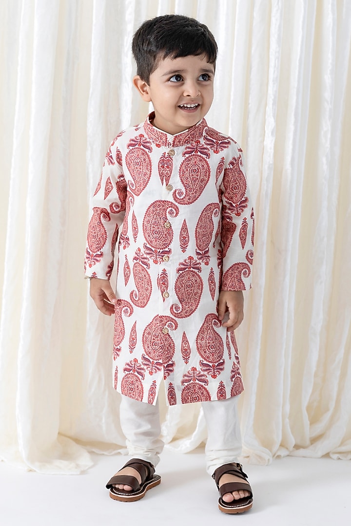 Cream Cotton Printed Kurta Set For Boys by Tiber Taber at Pernia's Pop Up Shop
