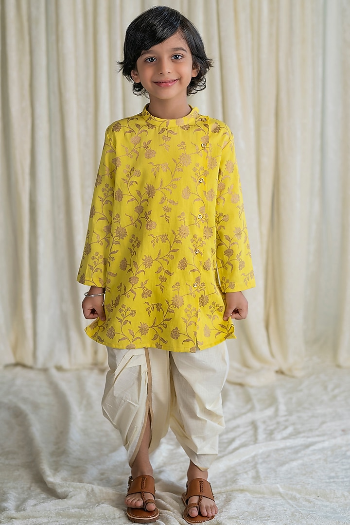 Yellow Floral Printed Kurta Set For Boys by Tiber Taber