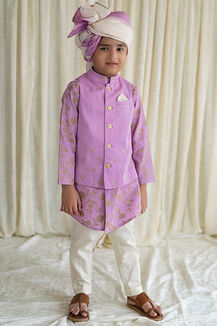 Purple Embroidered Bundi Jacket With Kurta Set For Boys by Tiber Taber at Pernia's Pop Up Shop