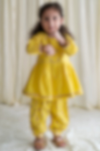 Yellow Embroidered Angrakha Kurta Set For Girls by Tiber Taber at Pernia's Pop Up Shop