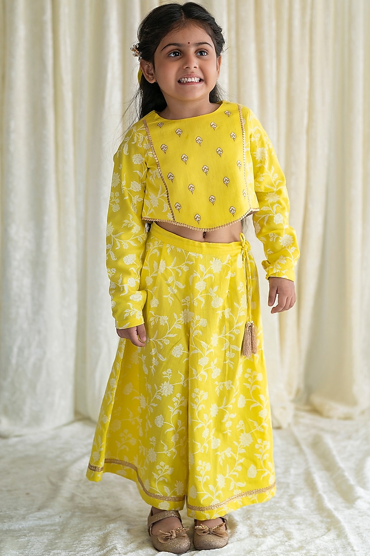 Yellow Printed Palazzo Pant Set For Girls by Tiber Taber